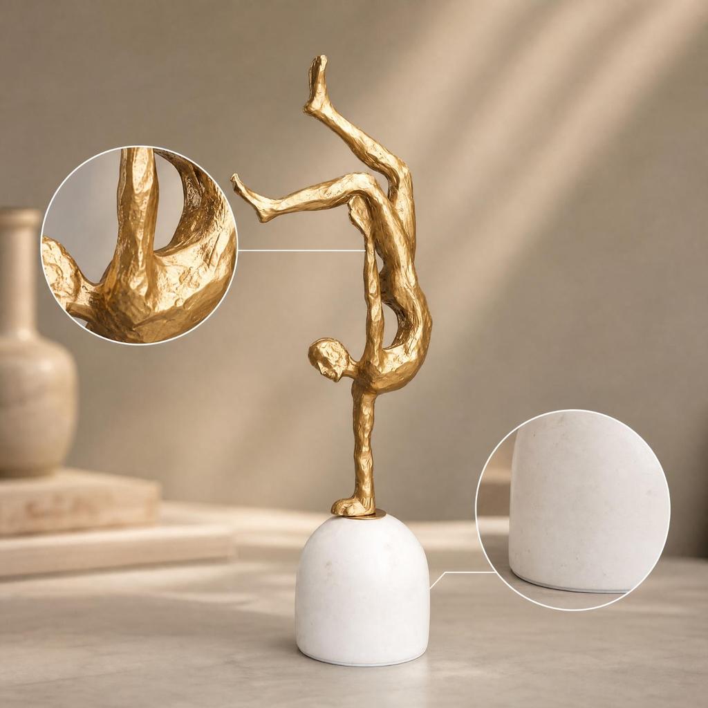Inverted Pose Human Sculpture Metal Finish with White Pedestal