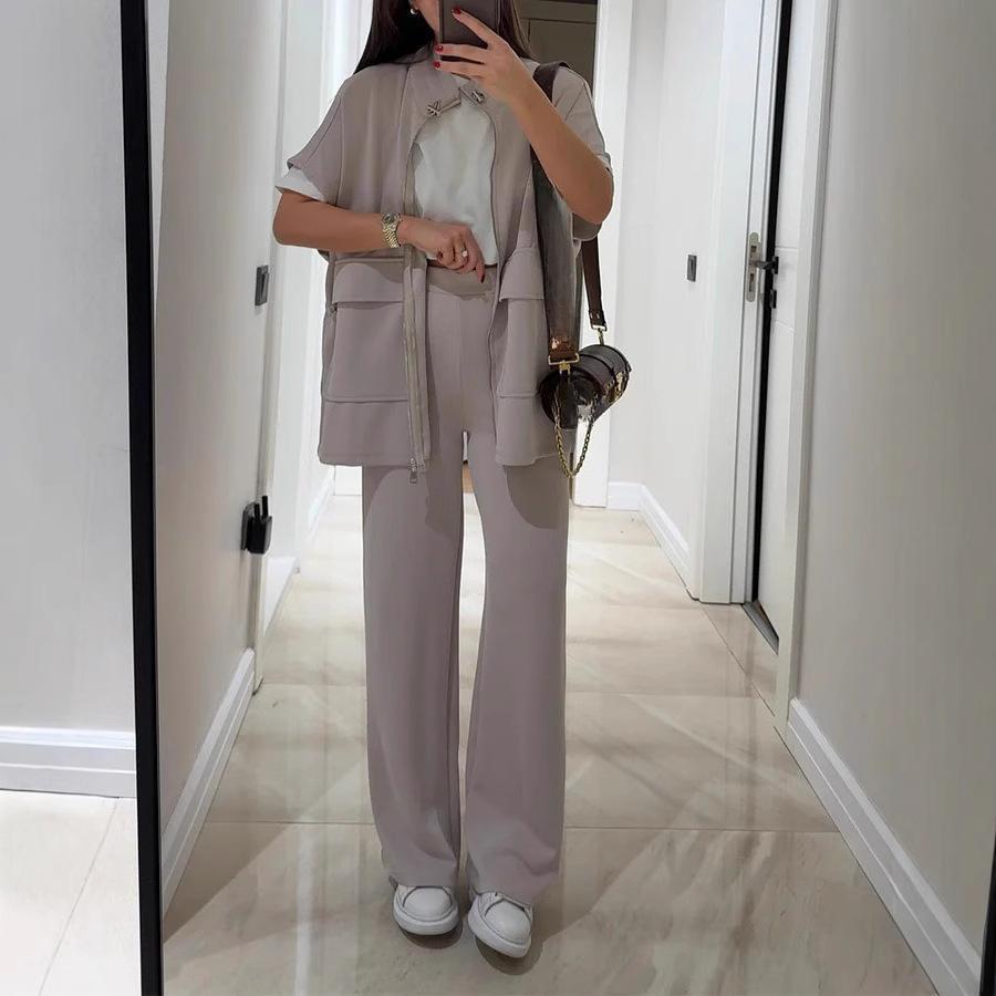 Women's Sleeveless Zip Vest with Wide Leg Pants Set in Neutral Tones