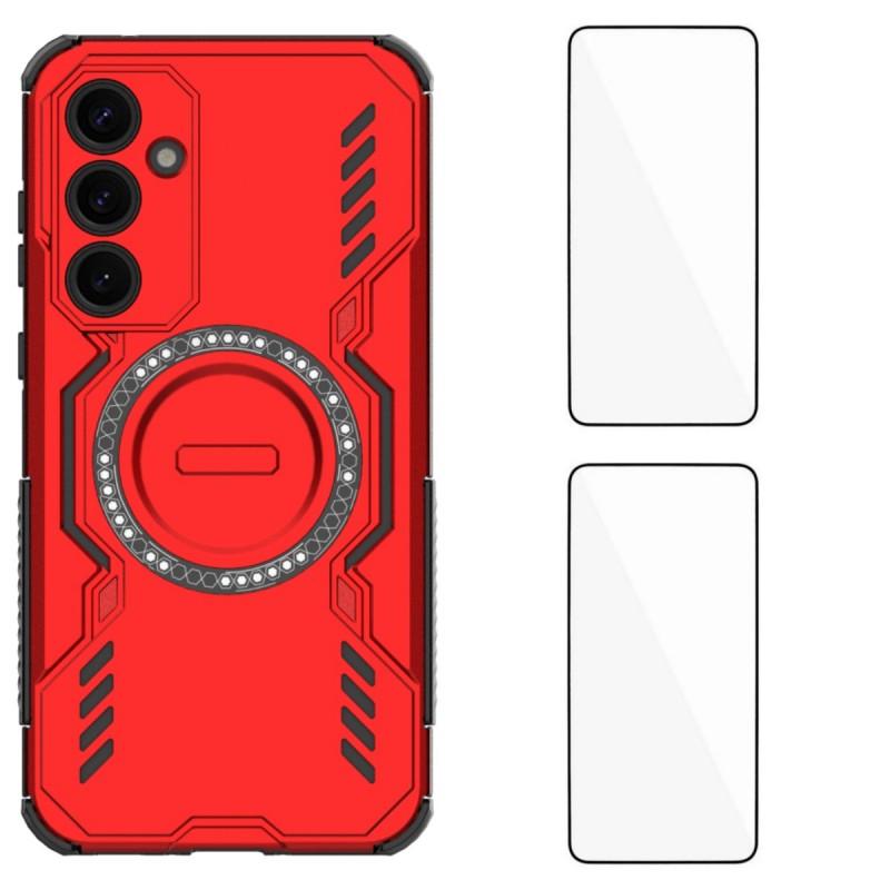 For Samsung Galaxy A35 5G Magnetic Case WANLONFENG DJ Series PC TPU Phone Cover with 2Pcs Tempered Glass Film