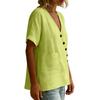 Women's Button-down V-neck Plain-colored Cotton And Linen Blouse