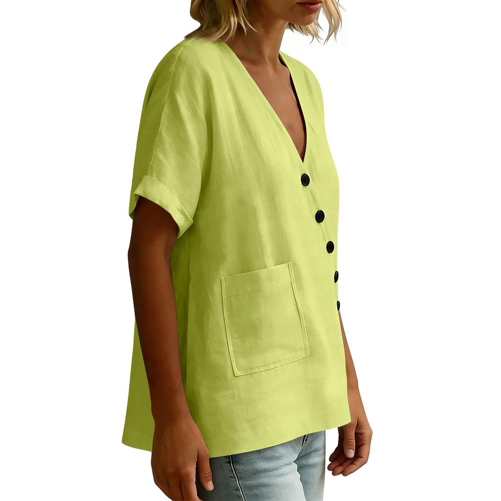 Women's Button-down V-neck Plain-colored Cotton And Linen Blouse