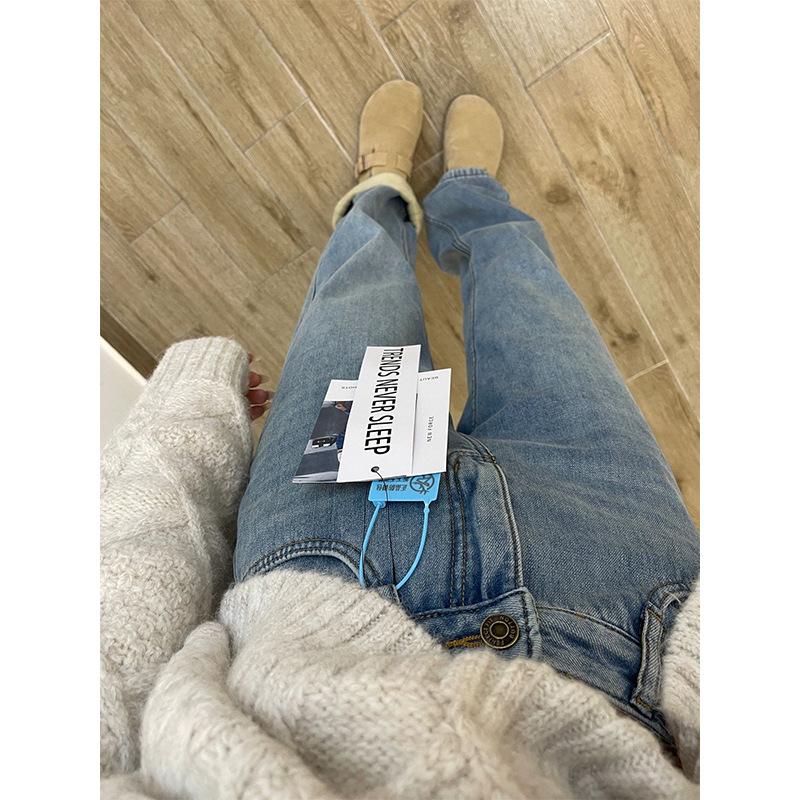 Women's Retro Blue Fleece-Lined Wide-Leg Jeans - Plus Size, High Waist, Slimming Loose Fit for Pear Shapes