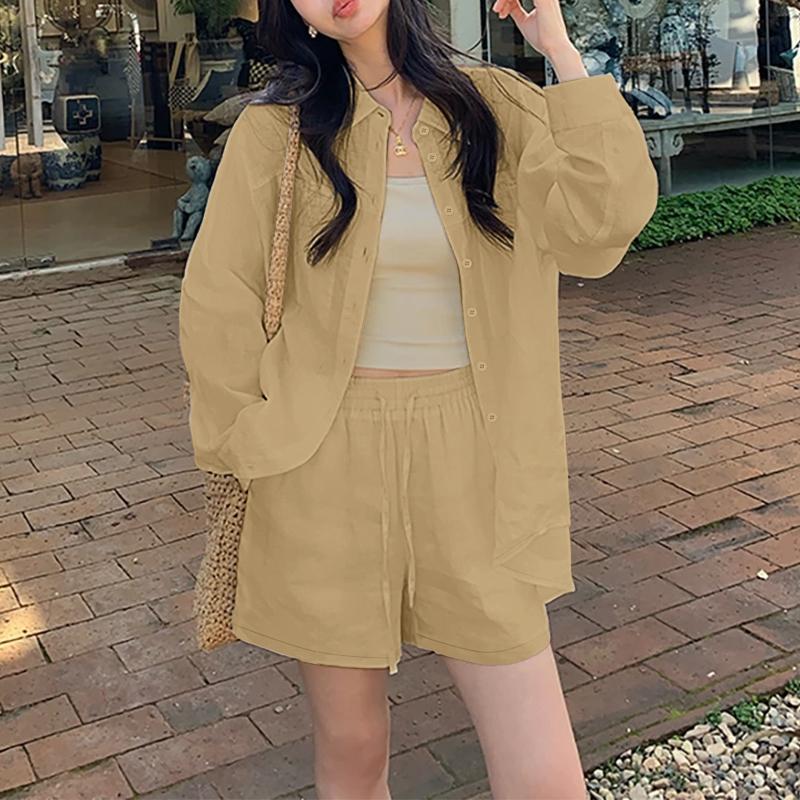 

ZANZEA Женская блузка с длинным рукавом и шорты Летние комплекты-двойки 5XL хаки