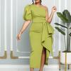 Damen Elegantes Ein-Schulter-Kleid mit Puffärmeln, Hoher Taille, Schlitz, Cocktailparty, Midi