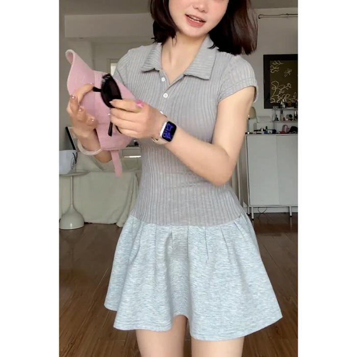 

Sports and leisure gray POLO collar skirt summer new fashion versatile commuter age-reducing splicing dress S серый