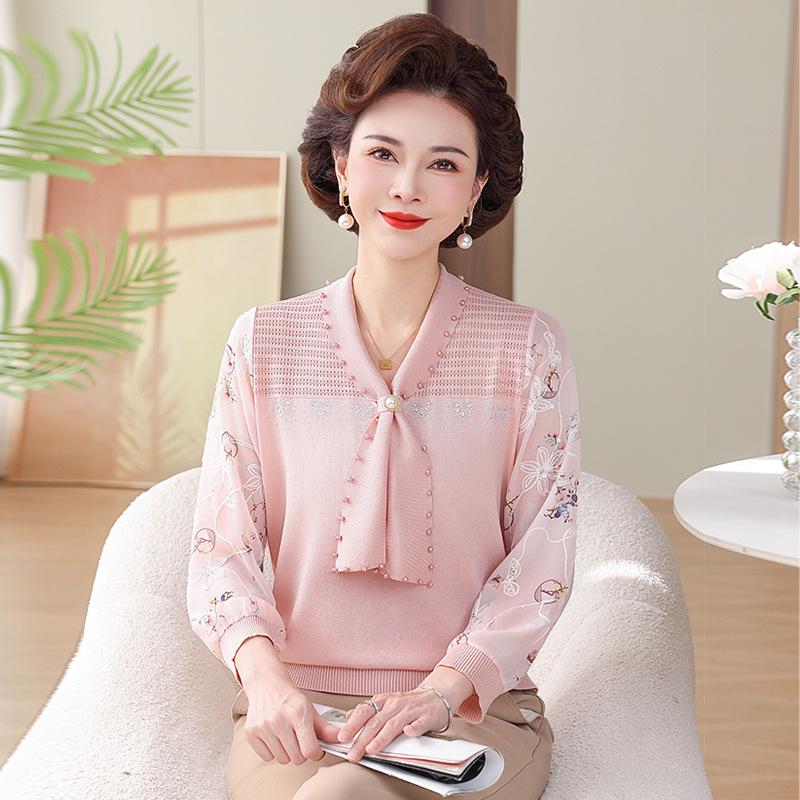 

Stylish Sheer Sleeve Knitted T-Shirt, Thin 3/4 Sleeve Design for Spring/Summer 2026, Perfect for Middle-aged and Elderly Women. 110 (90-110 kg) рожевий