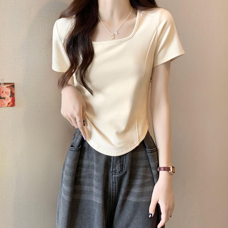 

Футболка с квадратным вырезом и короткими рукавами, женская летняя, с тонкими плечами, чистый дизайн желания, нишевый нерегулярный короткий топ с елочкой 2XL