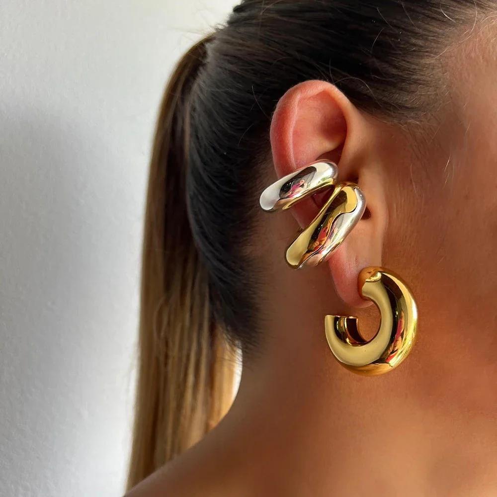 Vintage Oversize Chunky Round Circle Clip Earring for Women C Shape Tube Thick Without Pierced Hoop Earclips Jewelry Trendy