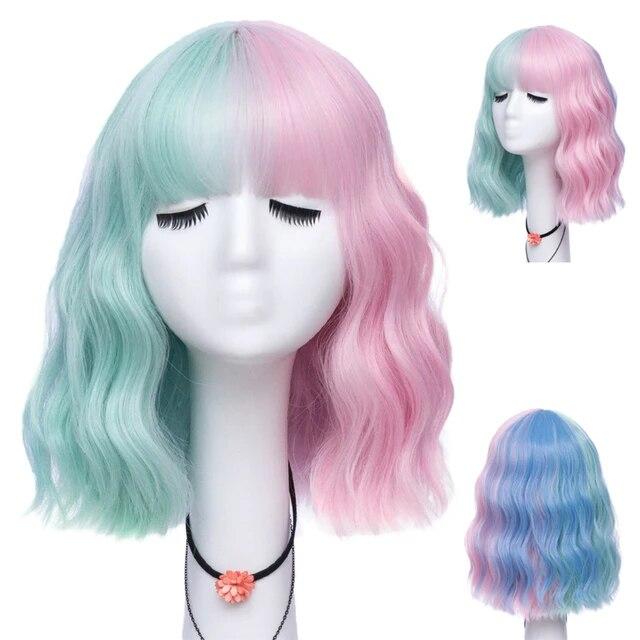 Kurze lockige blaue Bobo-Synthetik-Cosplay-Perücken für Frauen, Orange, Rot, Grün, natürliches hitzebeständiges Haar mit Pony für Mädchen