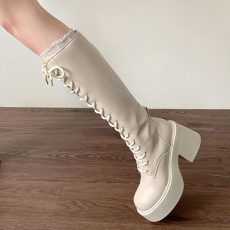 Модный зимний дизайн Платформа Квадратные каблуки Женские ботфорты до колена Уличный стиль Увеличение роста Стройнящие женские ботильоны в рыцарском стиле