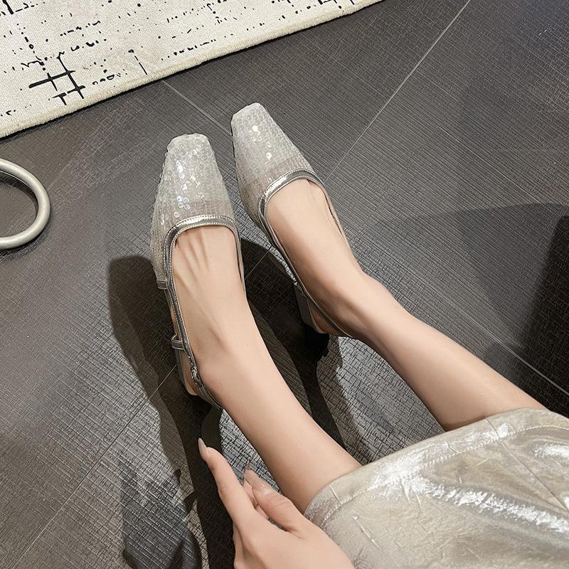 Retro Square Head High Heels Women's Low Heels Sequined Bag Head Sandals Women's Thick Heels Mary Jane Shoes Single Shoes