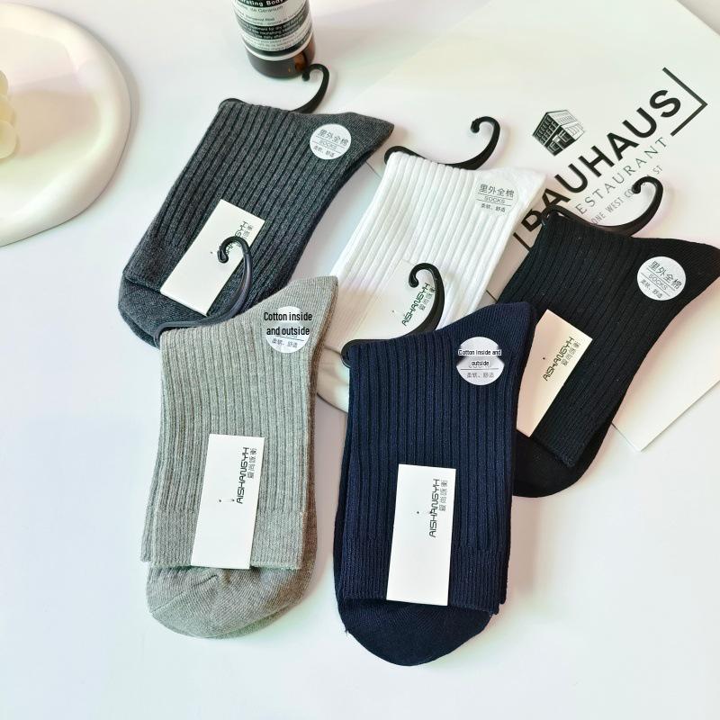 Men's Double Needle Mid-Calf Cotton Socks, Sweat-Absorbent, Breathable, Business Style, Solid Color, Autumn/Winter, Thick, Warm, Long.
