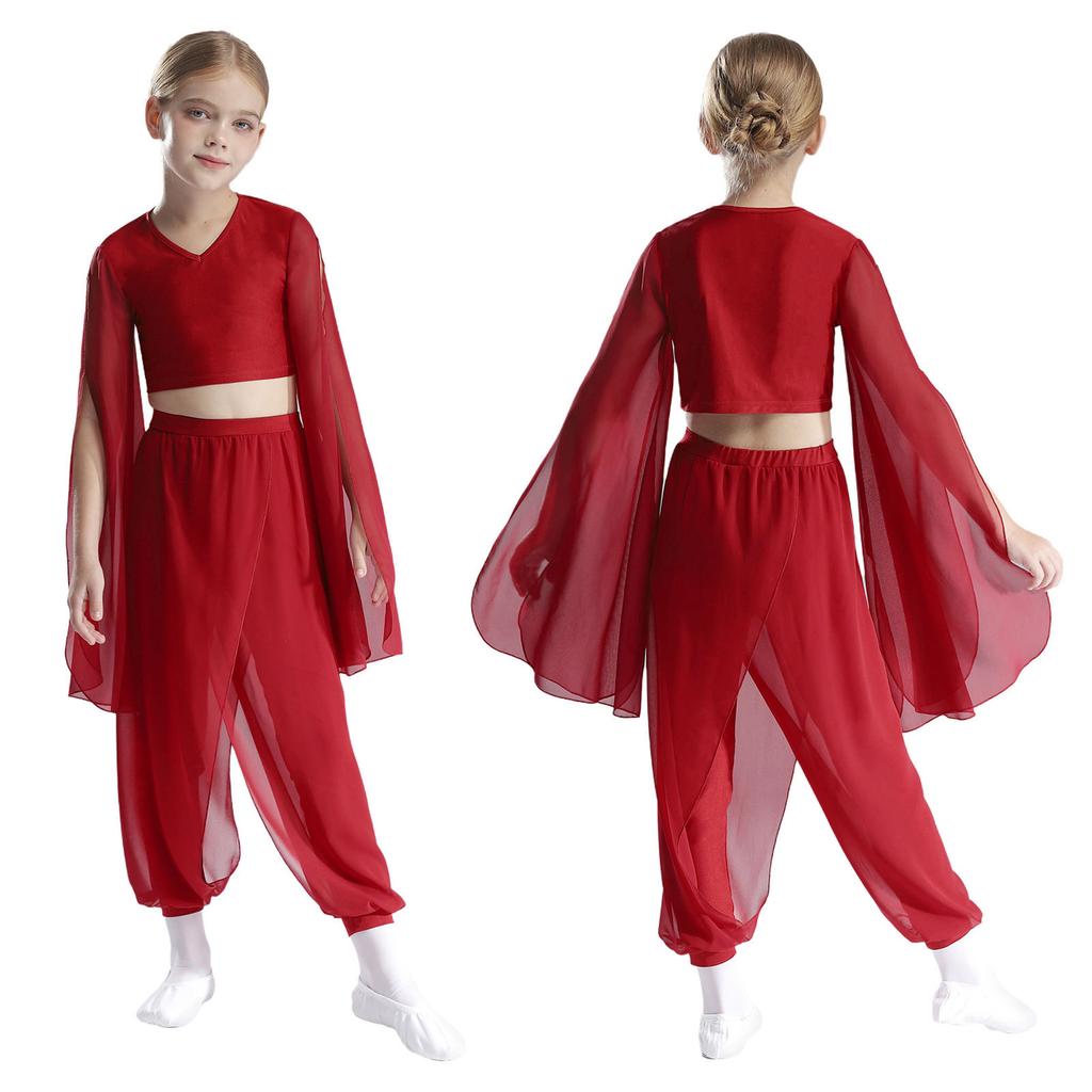 Girls Classical Dance Set V Neck Crop Top Flared Sleeves Design with Practice Pants Performance Outfit