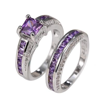2Pcs Princess Jewelry Square Faux Amethyst Rhinestone Inlaid Wedding Ring Band