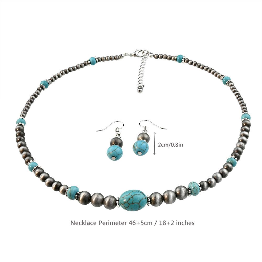2PCS Vintage Round Beads Inlaid Turquoise Necklace Earring Set Women's Fashionable Personalized Handmade Zircon