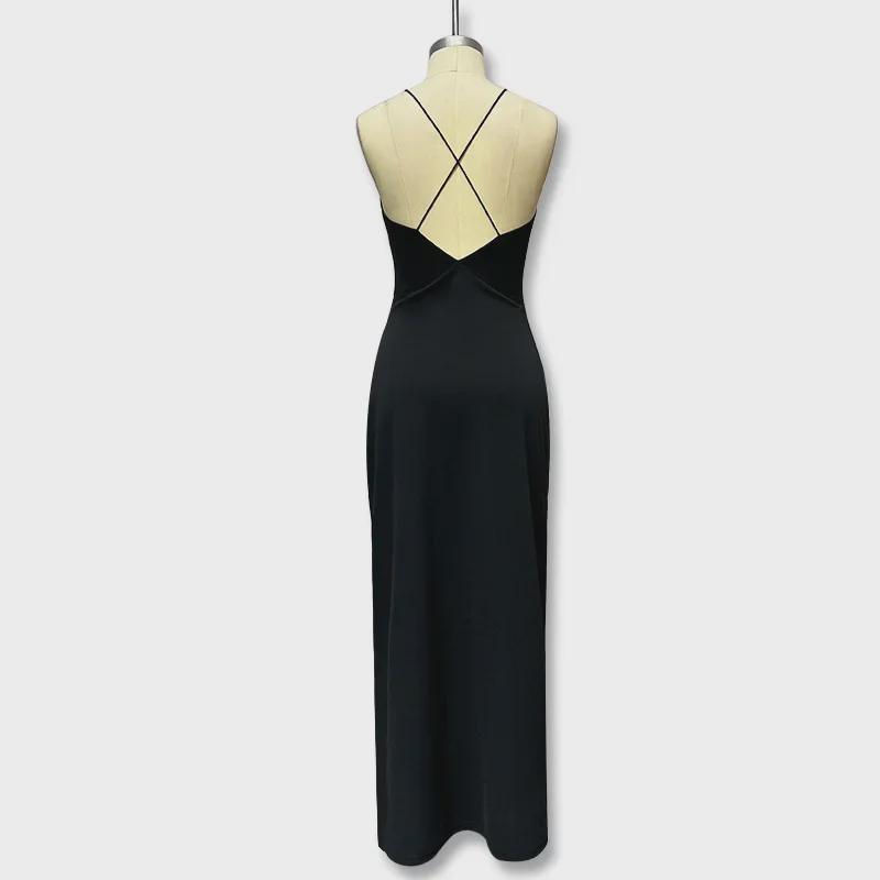 2024 European & American Style V-Neck Splicing Backless Chiffon Suspender Dress for Women