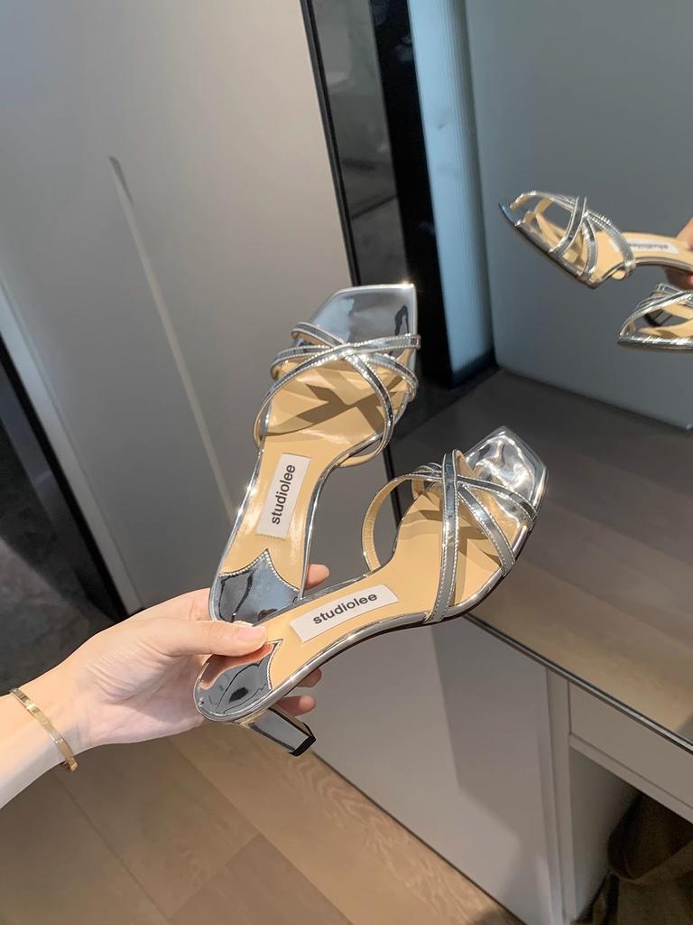 Sheepskin version~ Beautiful temperament square head cross with mirror open-toed high-heeled sandals women's half slippers