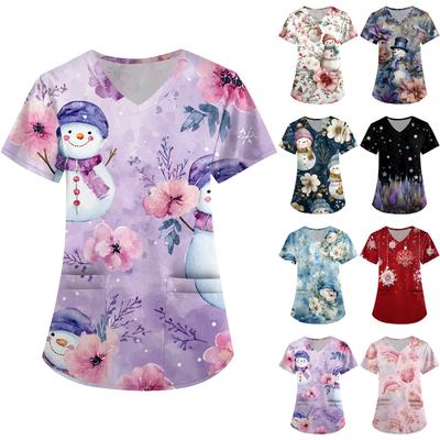 Women's Printing Uniform Work Uniform V-neck Pockets Basic Short Sleeve Pullover Top
