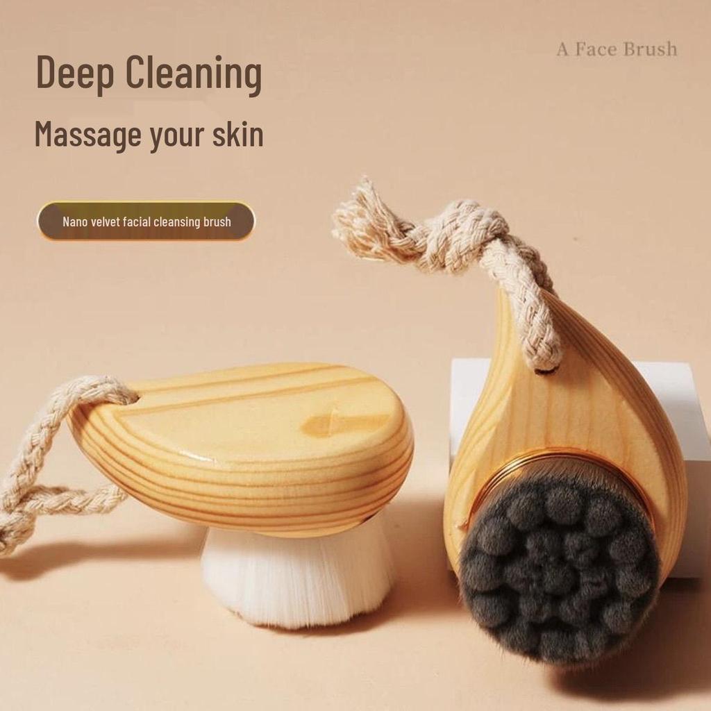 Soft Bristle Face Wash Brush with Wooden Handle – Manual Facial Cleanser & Makeup Remover