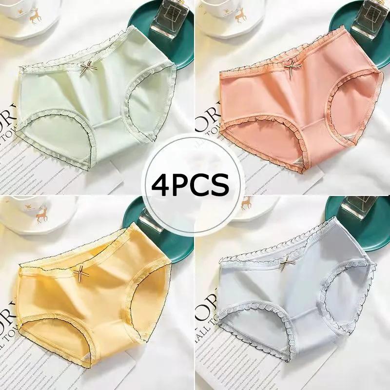 4 Stück/Set Baumwoll-Schleifen-Slips Damen Mid-Waist Hüfthebende Unterhosen Mädchen Nahtlose Übergröße Slips
