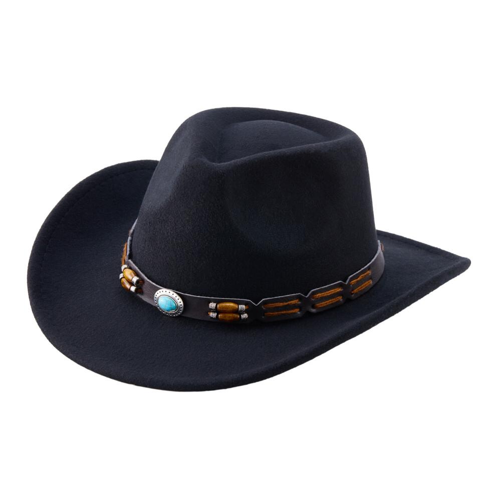 (One Size, Black) Western Cowboy Hat for Women Men Bohemian Cowgirl Hat with Beads Trim Outdoor Sun Hat