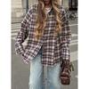 Wiosna Jesień Vintage Koszula w Kratę Damska Bluzka z Długim Rękawem Luźna Jednorzędowa Koszula Codzienna