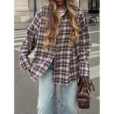 Spring Autumn Vintage Plaid Checkered Shirt Women's Long Sleeve Blouse Loose Single Breasted Casual Shirt