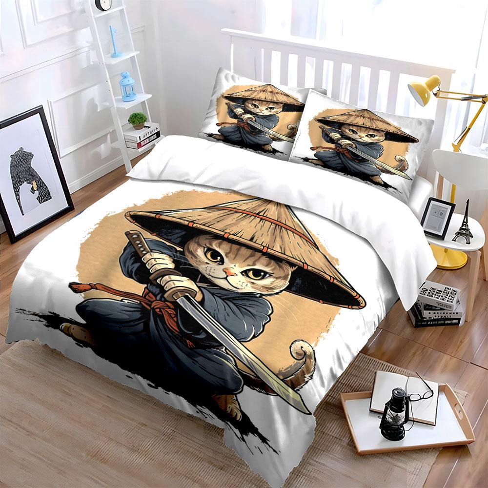 Cat wearing samurai attire. Bedding sets Duvet cover sets Duvet covers Pillowcases(1*Duvet Cover 2*Pillowcases without duvet insert)