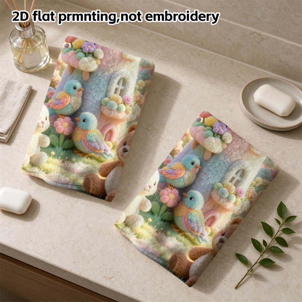 Pastel Fuzzy Windmill Garden Towel, Soft Absorbent Bath Towel, Bunny Bear Bird Floral Print, Quick Dry Decor Hand Towel