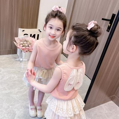 Kids Summer Casual Sweet Style Clothes Girls Suit Baby Sleeveless Vest Shirt Tops + Hollow Out Cake Skirts Two Piece Sets