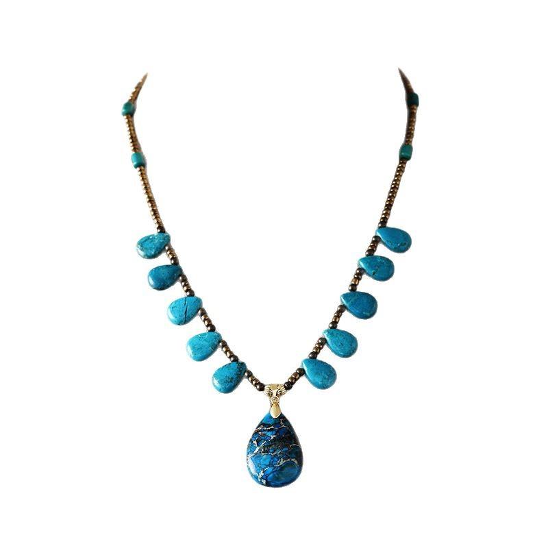 Luxury High Quality European and American Natural Turquoise Fashion Vintage Bohemian Water Drop Pendant Rice Bead Necklace, Jewelry