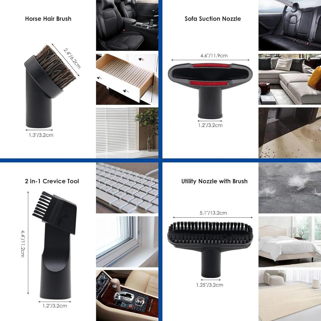 11 PCS Universal 1 1/4 Inch Vacuum Attachments Kit for Shop Vac Accessories with Vacuum Brush Attachments, Flexible Crevice Tool, Hose Adapters for 2