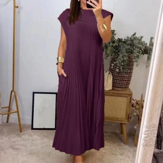 Women's Summer Sleeveless Midi Dress Pleated A Line Casual Crewneck Swing Dress Flowy Long Party Dress