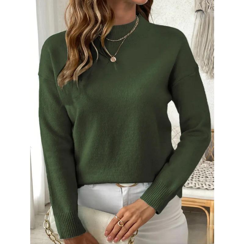 

Осенне-зимний пуловер с полувысоким воротником, свитер с длинным рукавом, женская одежда, модный однотонный вязаный пуловер свободного кроя XL армия зеленый