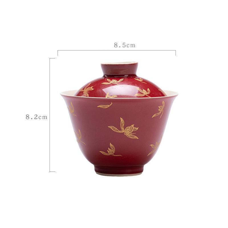 Red Ceramic Teacup Porcelain Tea Tureen Handmade Orchid Bowl Chinese Kung Fu Gongfu Gaiwan Retro Teaware Drinkware Tea Ceremony