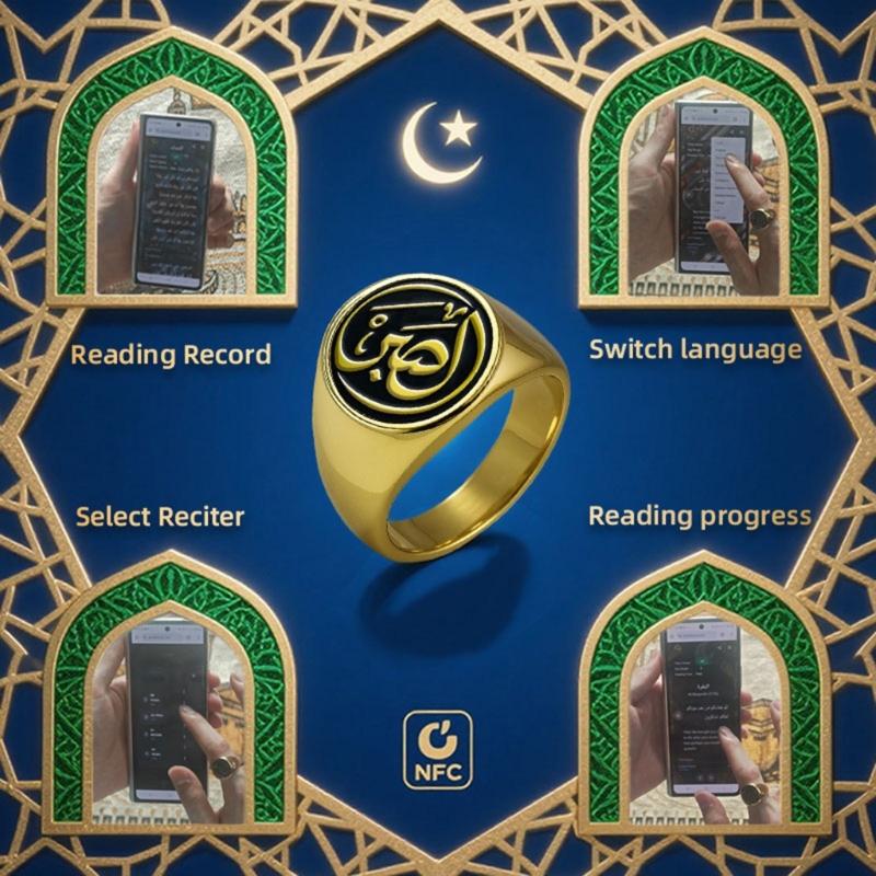 Stainless Steel Intelligent Rings With Waterproof Design And Multilingual Quran Verses For Daily Spiritual Inspiration