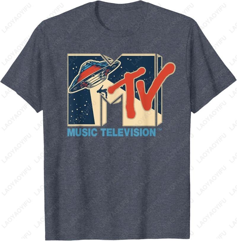 Mademark X MTV Logo Alien UFO Space Ship Teleporting Beam in Space Adult Cotton TShirt Fuuny Graphic Simple Style Oneck Tops S
