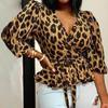 Women Blouses Elegant Office Tunic Shirt Sexy Deep V-Neck Leopard Print Belted Fashion Tops Ruffles Blouse Women Sexy Tops