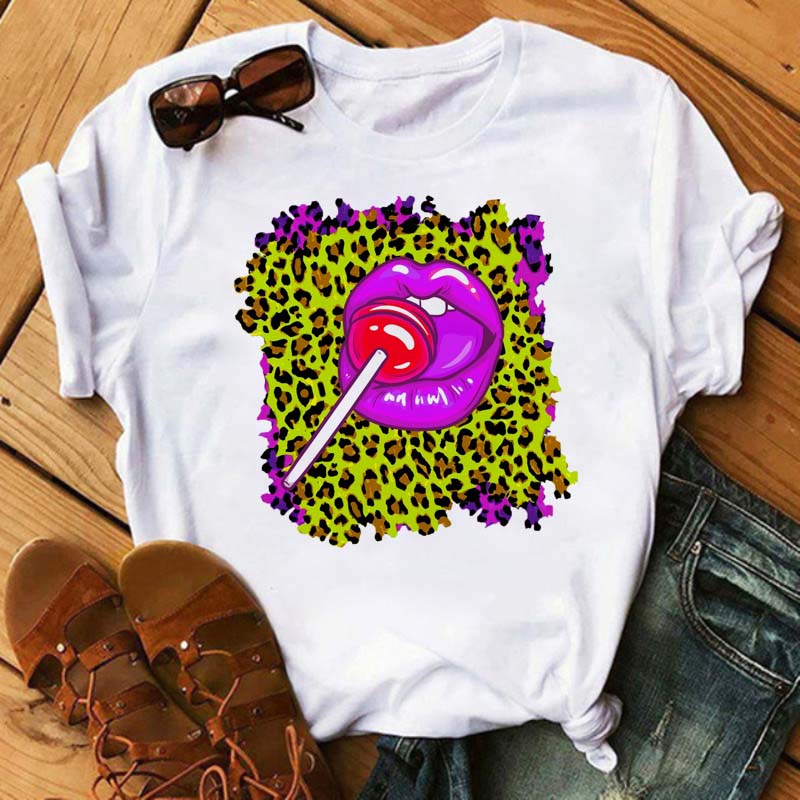 New Unisex Pink Lips Leopard Graphic T Shirt Casual Fahion Oneck Sexy Black Tees Kiss Lip Funny Girls Tshirtdrop Shipping