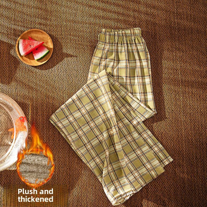 GMXIA Fleece Plaid Pants Women's Autumn and Winter Thickened High-waisted Slimming Straight Leg Casual Floor Wide Leg Pants