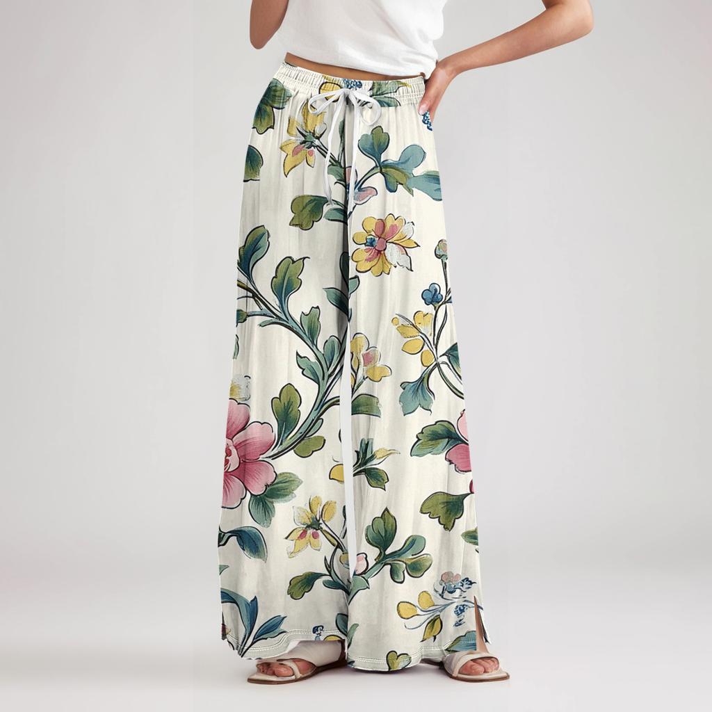 Women's Loose Casual Floral Print Wide Leg Pants With Elastic Waist Drawstring And Pocket Pants