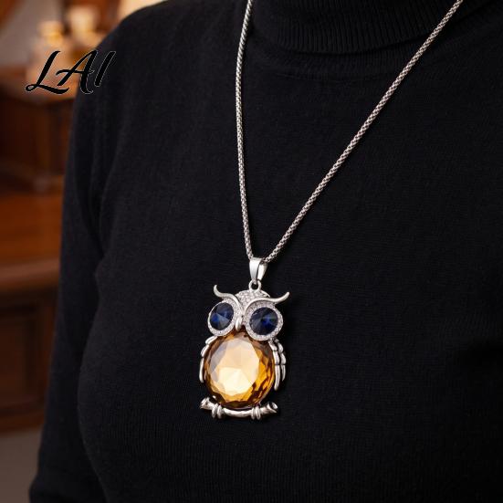 Gift for Mom And Friends Faux Crystal Owl Pendant Necklace Women Long Blue Sweater Chain Fashion Alloy Jewelry Accessory Daily Wear & Decoration