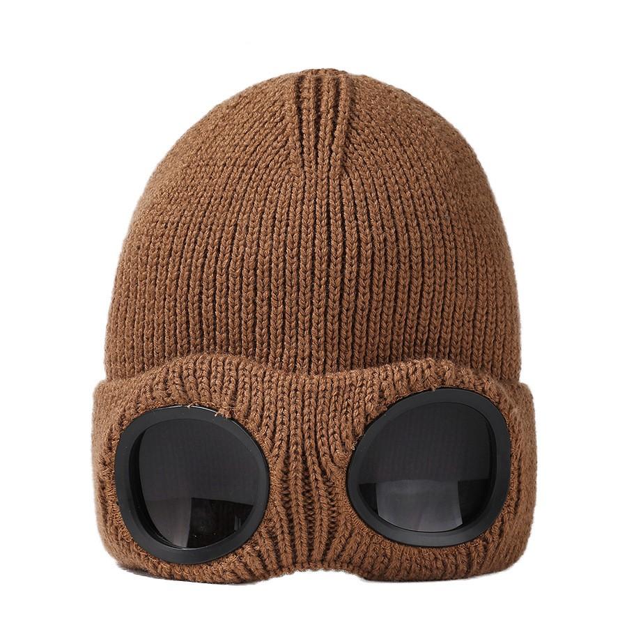 Men's and Women's Windproof Glasses and Cashmere Ski Knit Hat Solid Color Warm Woolen Hat