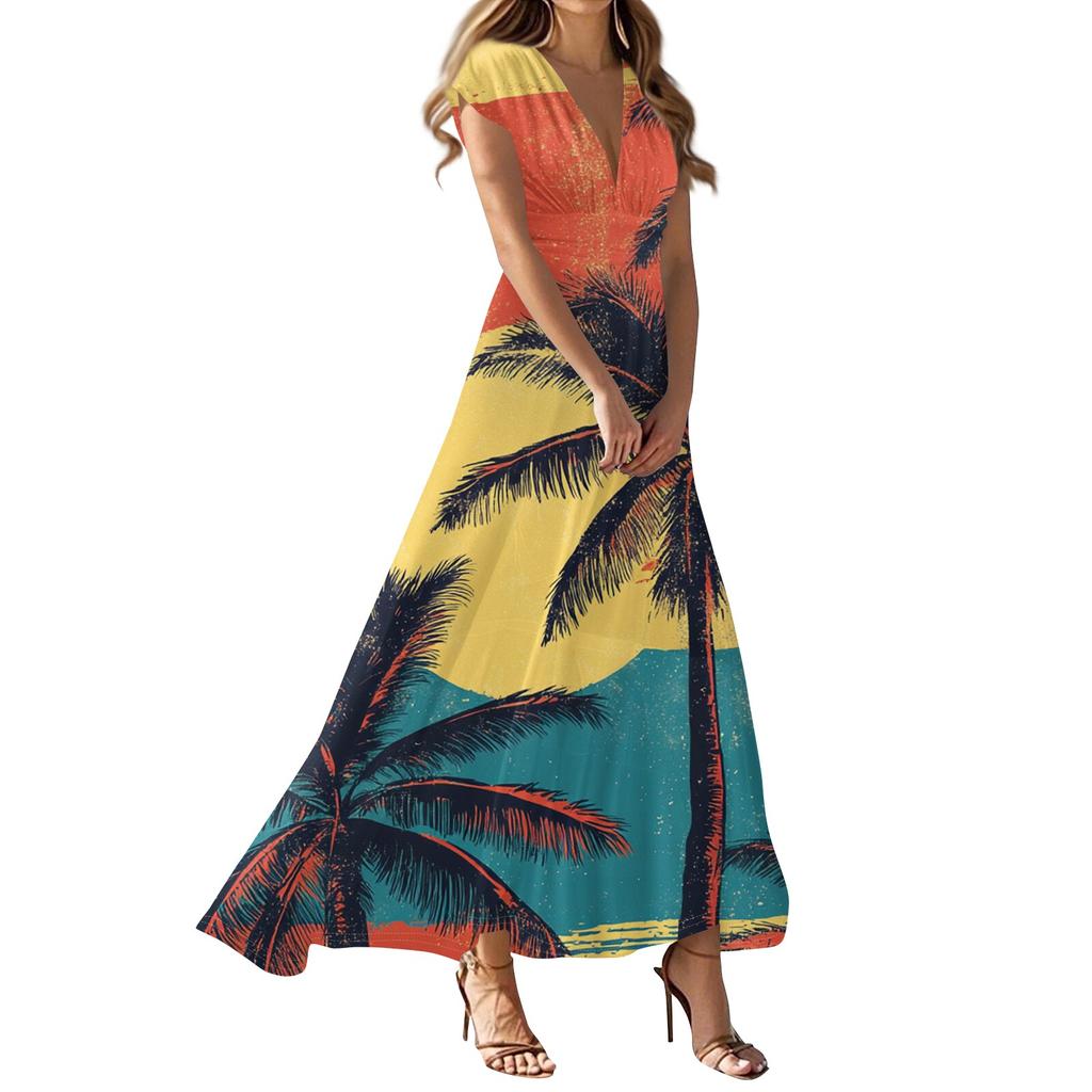 Women's Summer Casual Fashion Beach Printed Dresses V-Neck Short Sleeve Dresses
