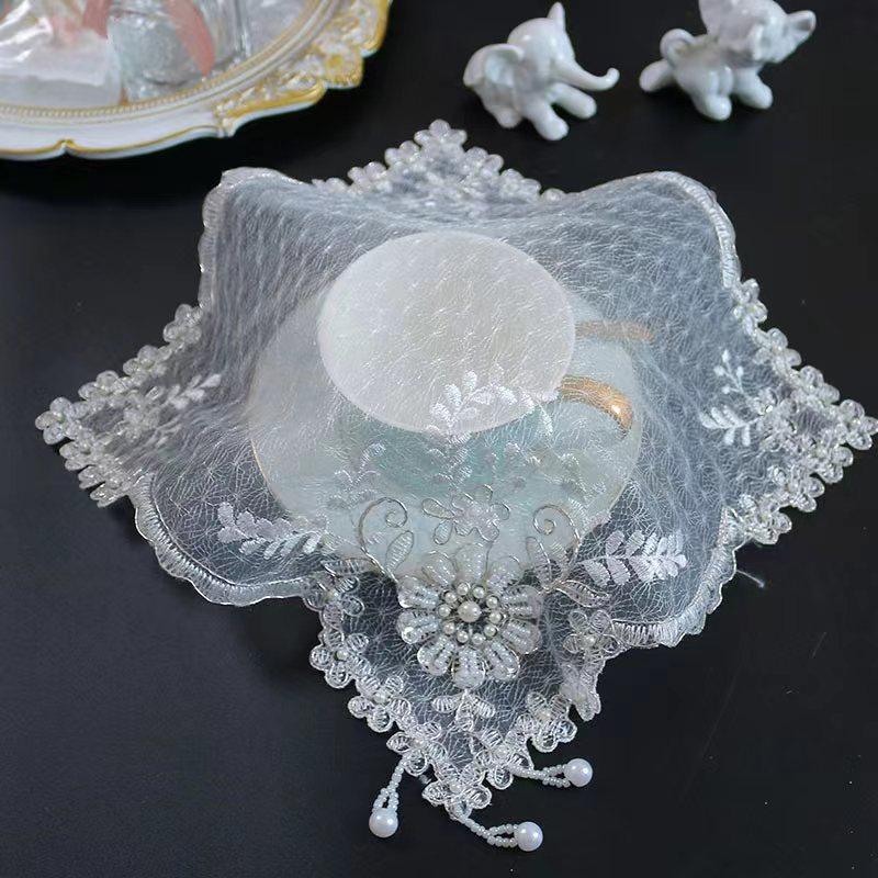 Dining Table decoration and accessories white mesh beads flower embroidery table place mat cloth Wedding Christmas placemat kitchen for Home