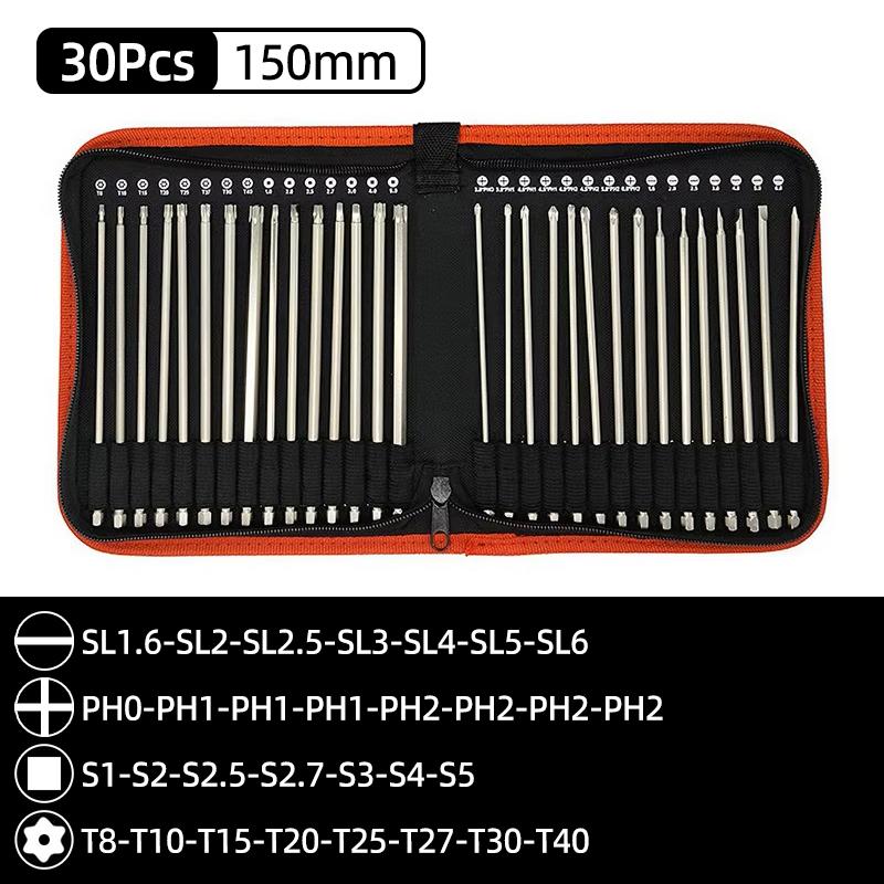 30Pcs Set 100/150mm S2 Steel Magnetic Screwdriver Bits 1/4 Inch Hex Shank Power Tools Slotted Cross Square Torx
