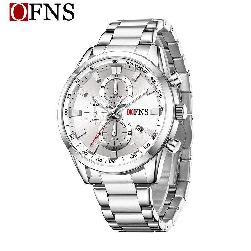 OFNS 3D Sun Dial Quartz Watch: Luminous, Waterproof, Multifunctional Men's Timepiece with Three-Eye, Six-Needle Design and Calendar.