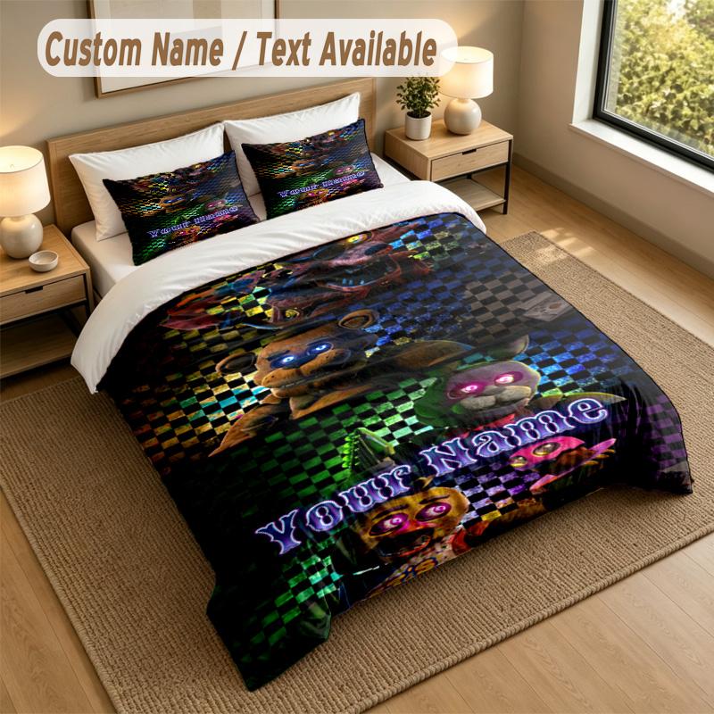 Set Biancheria da Letto 3 Pezzi con Nome Personalizzato, Copripiumino 1 Pezzo e 2 Federe Five Nights at Freddy’s 1, Biancheria da Letto Morbida per Regalo