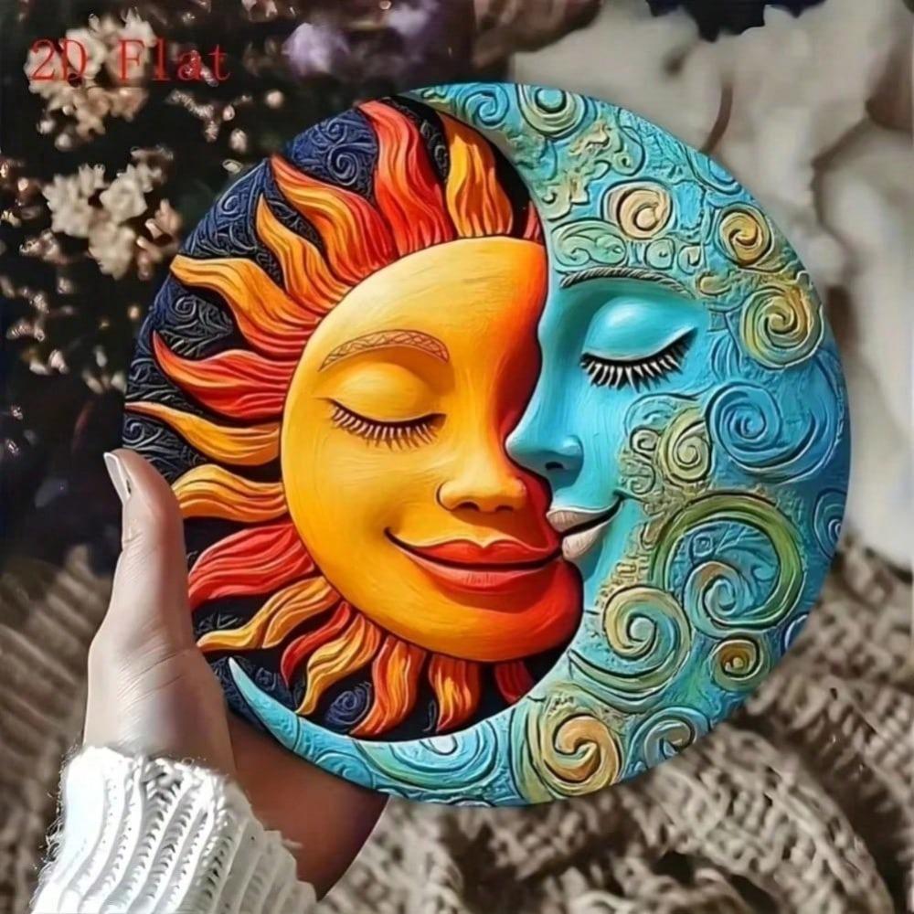 Vintage Metal Tin Sign Sun Moon Wall Art, Circular Face Plaque Creative Home Decor
