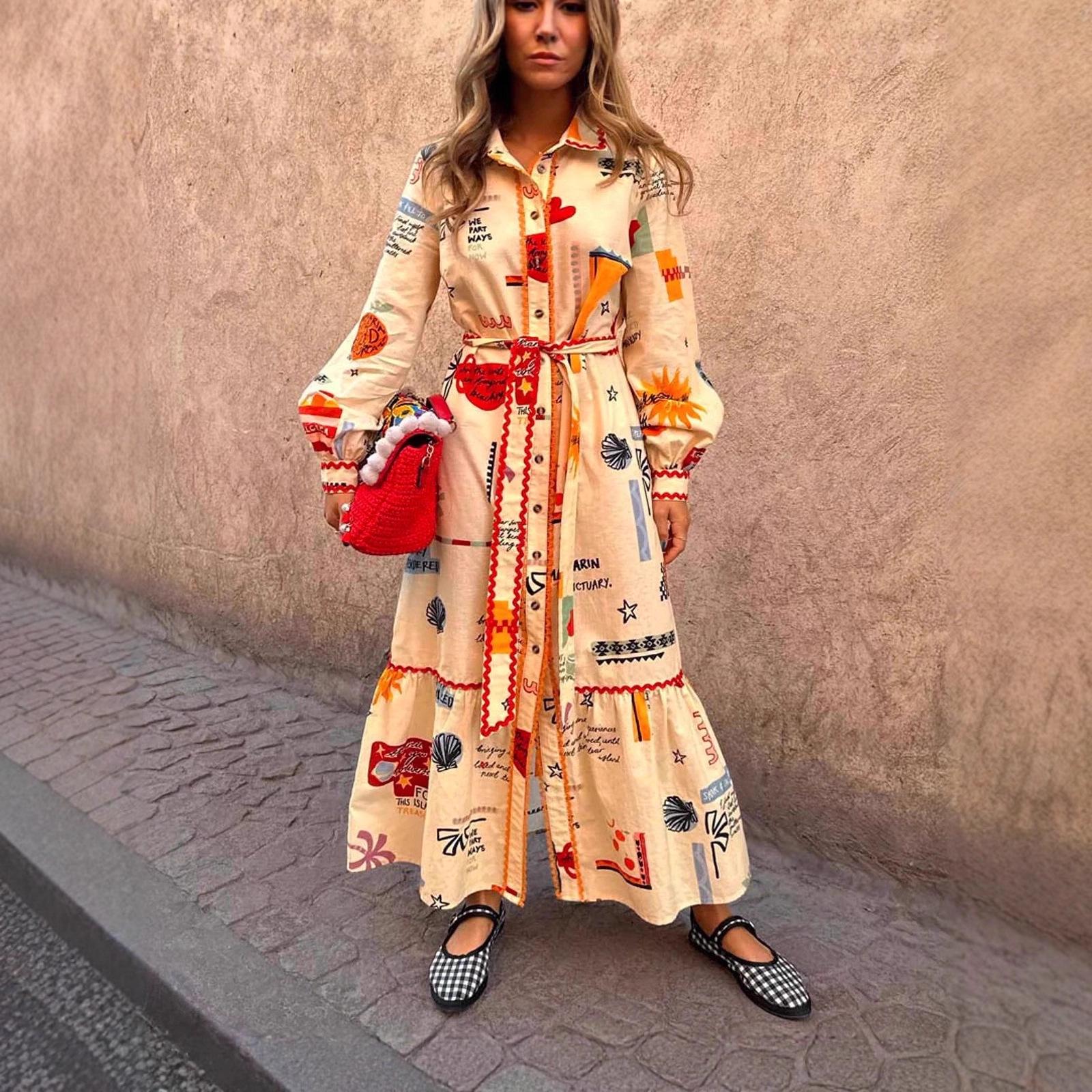 

2025 Elegant Lace Linen Print Dress - Casual Fashion L абрикосовый